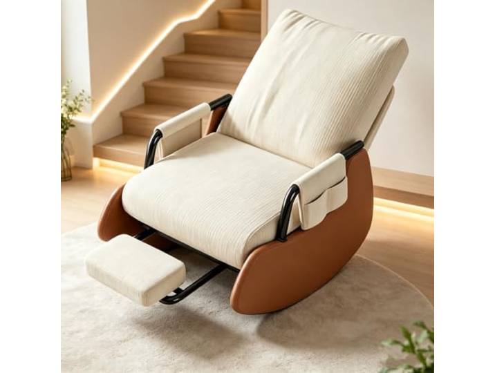 Gemütlicher Schaukelsessel mit Breiter 60cm Sitzfläche Ergonomischer Schaukelstuhl mit ausziehbarer Fußstütze und Seitentasche für tägliche Entspannung.