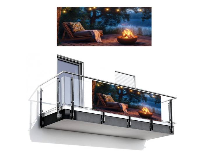MuchoWow Balkon-Sichtschutz Lagerfeuer - See - Abendlicht, Dunkelblau, Kunststoff, Rechteckig, 300x130 cm, Sonnenschutz, Sichtschutz
