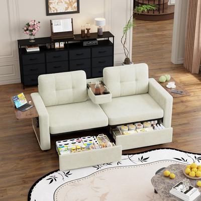 Abrihome "70.08"" Chenille 2-Seater Sofa with Side Tables and Pull-out Drawers"