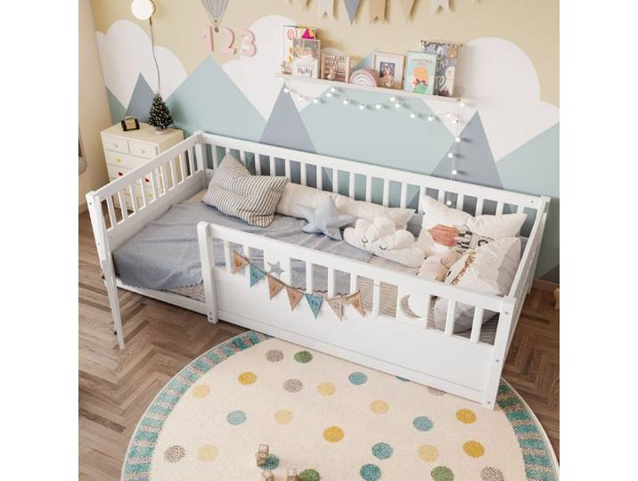 ULEVR Lit enfant minimaliste avec grille de sécurité 196x96x55 cm - porte verrouillable pour chambre enfant blanc