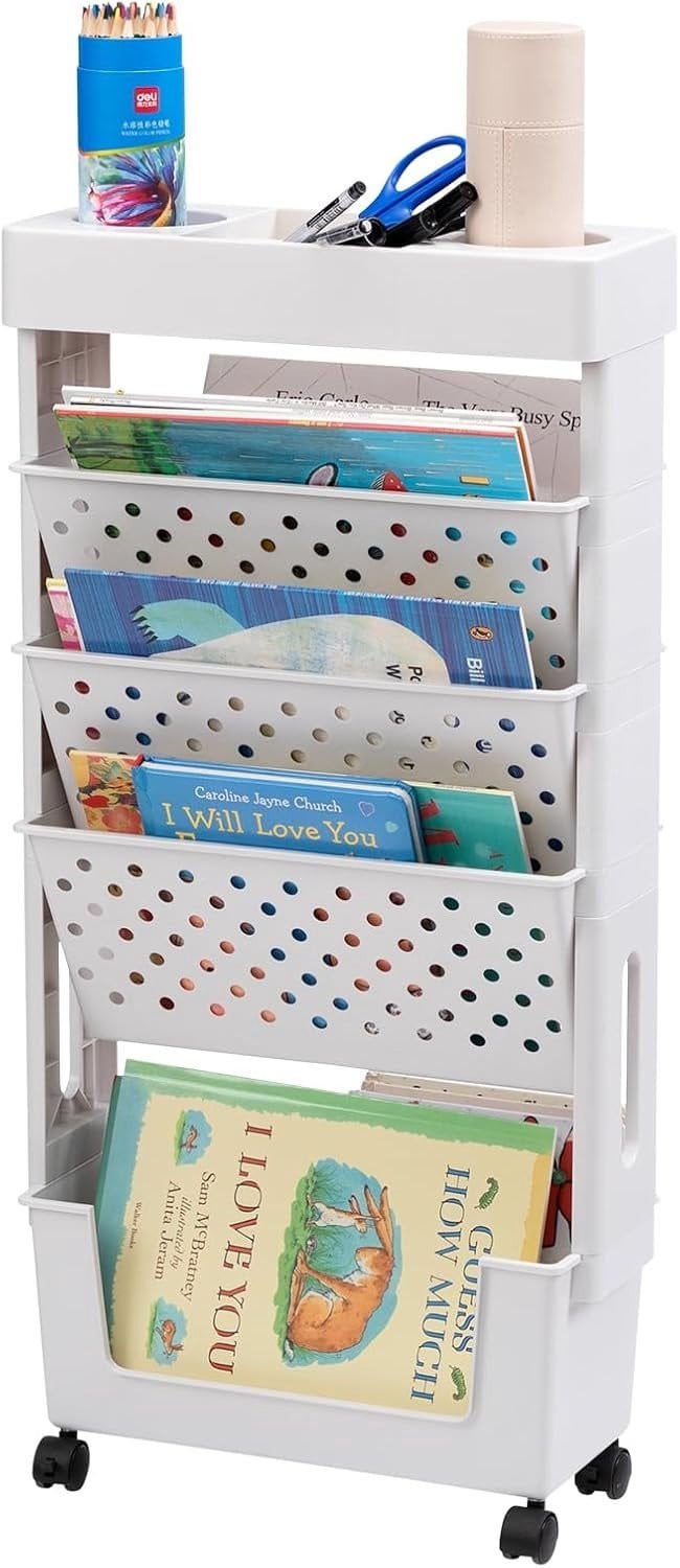 Mobiele Boekenkast met Wielen - 5-Tier Slimme Boekenkast voor Woonkamer, Slaapkamer en Kantoor, Wit, Ruimtebesparend en Verplaatsbaar