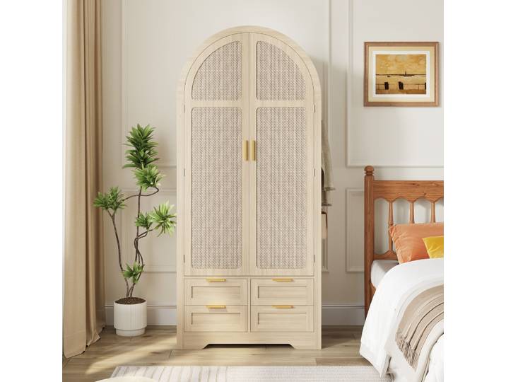 Armoire moderne PINGGO avec portes courbes, grand espace de rangement, penderie et tiroirs, luxueuse pour chambre et entrée