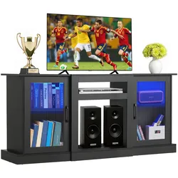 VEVOR TV-Ständer für Fernseher bis zu 65 Zoll, TV Tisch mit Lichtleiste, TV-Schrank aus Holz mit Türen & verstellbaren Regalen, Konsolentisch Fernsehschrank für Wohnzimmer Schlafzimmer, Schwarz