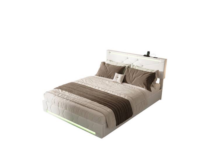 Shopentra Polsterbett 140x190 Beige Stoff Led, Metall, 140x190 cm, Schlafzimmer, Betten, Polsterbetten