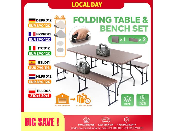 Set Table Pliante 180cm + 2 Bancs, HDPE Aspect Rotin, Cadre Fer, Capacité 150kg/400kg, Pour Camping Jardin