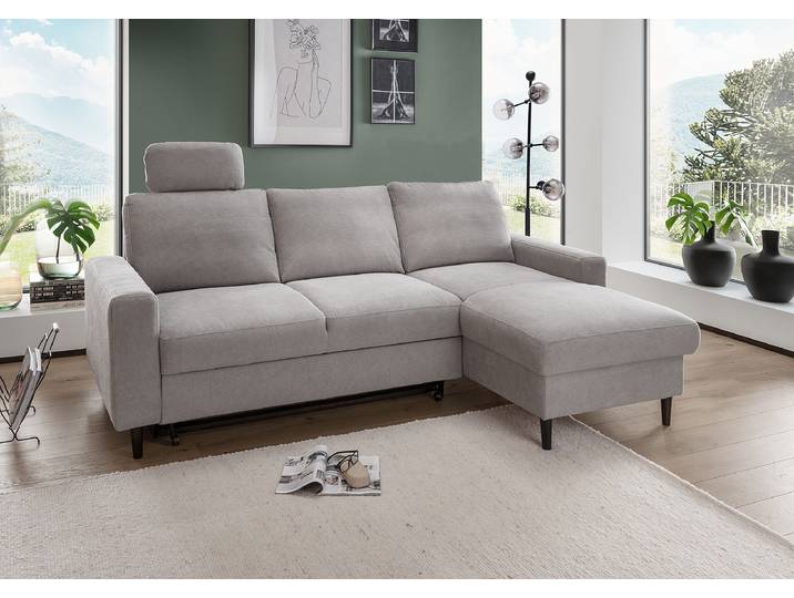 Ecksofa mit Schlaffunktion Grau Webstoff Jimin 234 x 88 x 147cm Longchair davorstehend rechts mit Schlaffunktion Modern