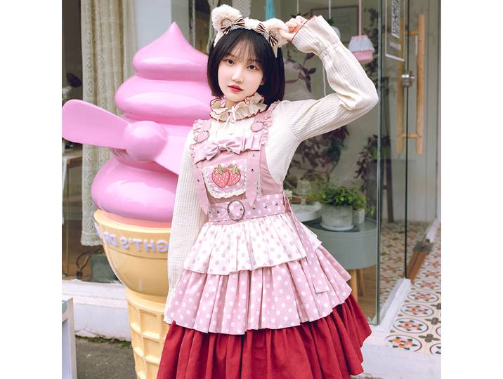 Robe japonaise lolita pour filles, vêtement à bretelles aux fraises, pour gâteau, style victorien, taille haute, adorable, kawaii