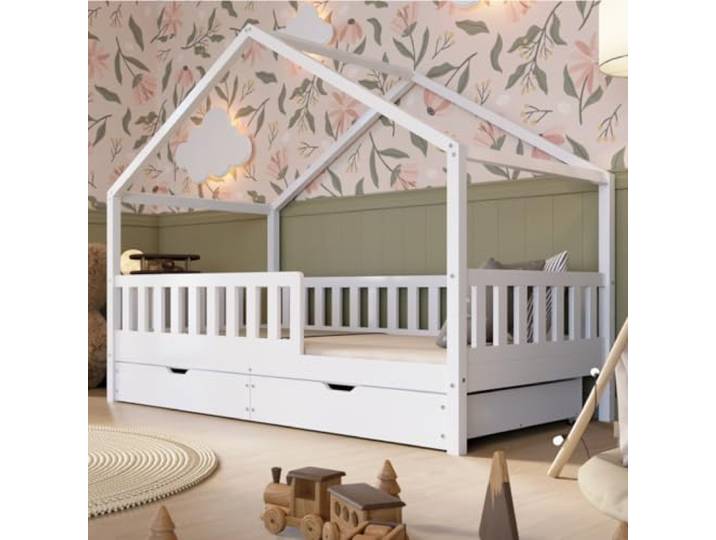 Crazy Pine Montessori Hausbett mit Schubladen Crazy House 80x160 cm - Weiß