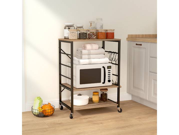 HOMCOM Étagère Cuisine 3 Niveaux Teck avec Roues et Crochets