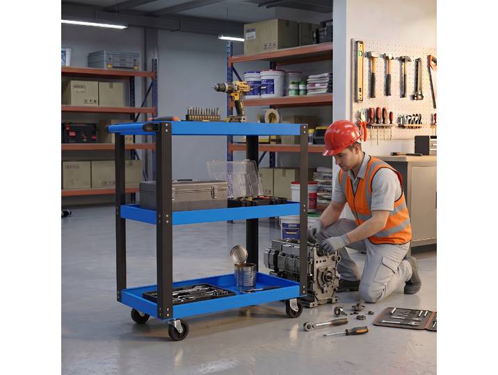 HOMCOM Chariot 3 Étagères Métal Garage 120kg Bleu Noir Roues