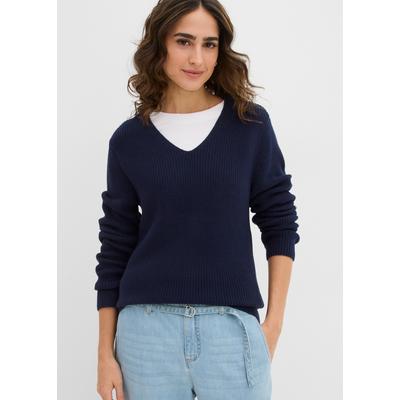 Strickpullover BONPRIX, Damen, Gr. 36/38 (S), blau (dunkelblau), Obermaterial: 100% Baumwolle, bequem, Pullover Strickpullover, mit V-Ausschnitt, aus Baumwolle, bequeme Passform, casual