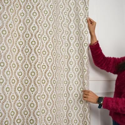 Fabdivine Hook Linen Curtain, Block Print Floral Drape, Semi Sheer Window Treatment, Decorative Panel for Living Room