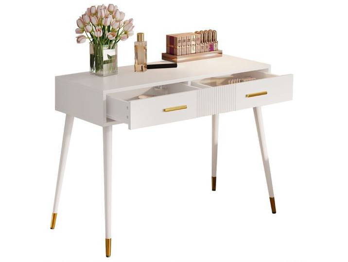 ELVORIN Coiffeuse bureau 100 x 40 x 76 cm 2 tiroirs sans miroir blanc piètement en métal