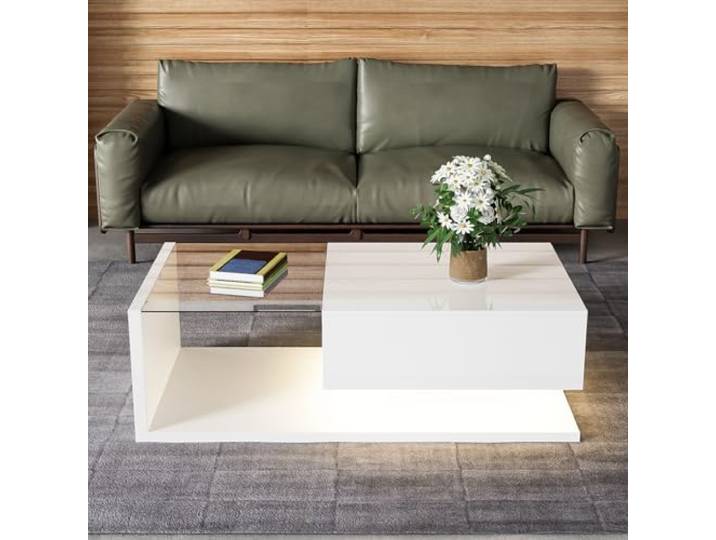 BTM Couchtisch, Hochglanz-Weiß. Beistelltische, Couchtische mit Glas und LED-Effekt