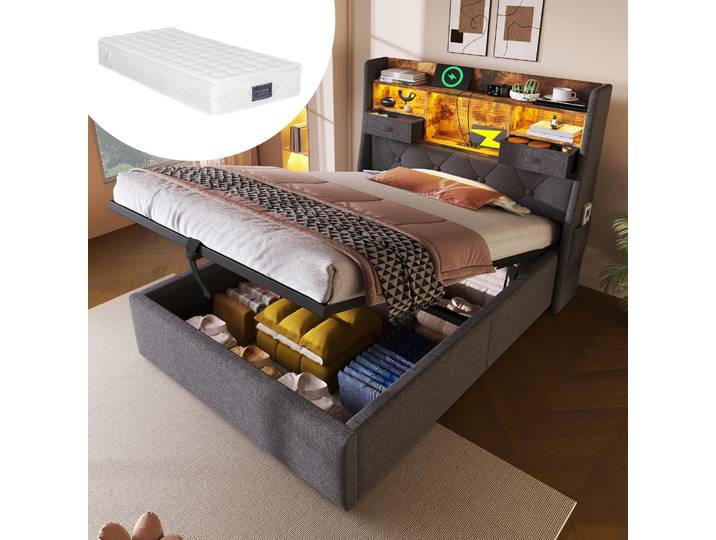 MODFU Lit Coffre 90x200 cm - Avec Rangement Hydraulique\, Chargeur USB/Type-C et Tête de Lit LED - Lin Gris