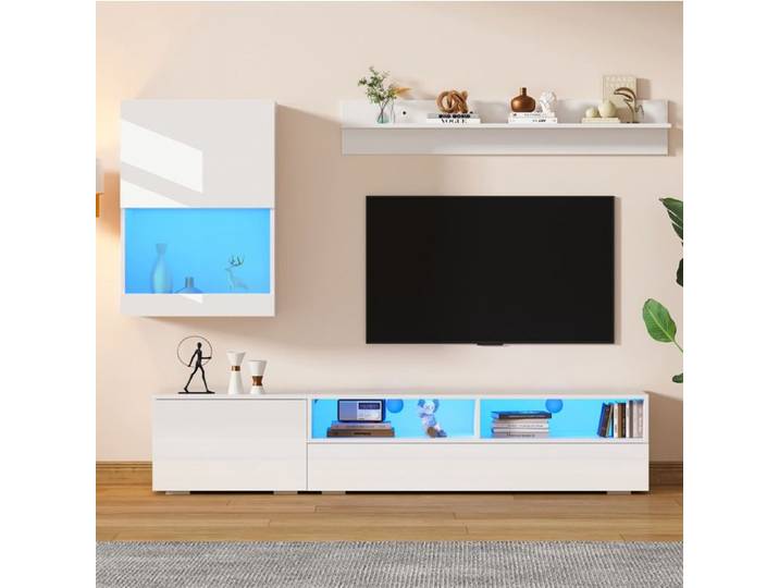Ensemble Meuble TV Mural Blanc Brillant Meuble TV Design FloraGrace Pour Salon LED Et Rangement 175x39x34cm