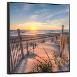 LEINWAND Bilder mit Rahmen - Strand - Meer - Düne - Sonnenuntergang - Landschaft - 90x90