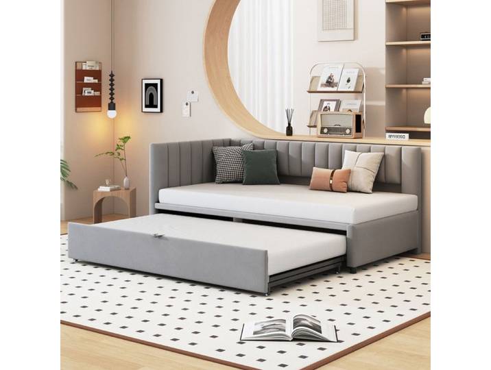 Lit Gigogne 90/180x200 cm Canapé-Lit en L en Forme Lit Rembourré en Velours Lit Simple pour Lit Enfant Lit Adulte Gris clair