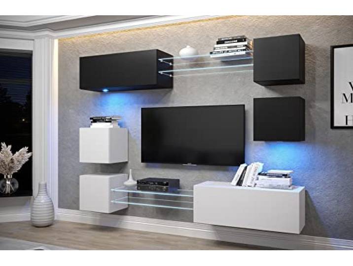 Furnitech Wohnwand Wohnzimmer Hängend Wohnwand Modern Wohnzimmer Schrankwand mit Regale und TV Schrank Wohnzimmer Möbel ohne LED (AN65N-21BW-M7)