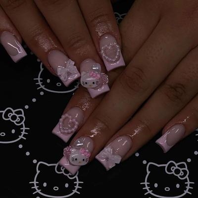 Uplifted Finds Medium Square Pink French Cartoon Cat Camellia Press On Nail Set multi