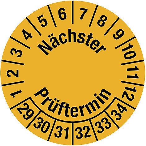 kaiserkraft Kabelprüfplakette, Mehrjahreszahlen, gelb, Folie, LxH 25 x 95 mm, VE 10 Stk, 2029 - 2034