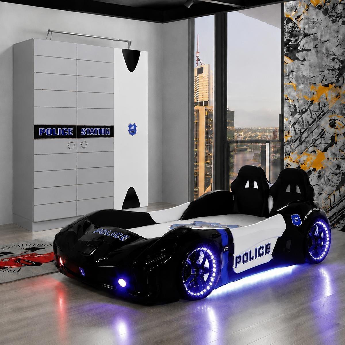 Autobett Polizei Kinderbett Rennwagen Schwarz LED Kleiderschrank