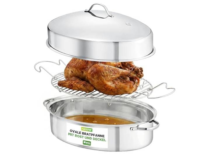 NutriChef Bräter mit Deckel, Bräter- 52x27cm, 10L- Bräter Induktion- Backofengeeignet, Bratentopf- aus Edelstahl & Antihaftbeschichtet, Ovaler Ofenbratform- Spülmaschinengeeignet