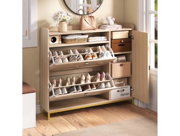 MEUVYX Meuble à chaussures avec 2 abattants et meuble latéral compartiment ouvert MDF entrée 110 × 24 × 100 cm