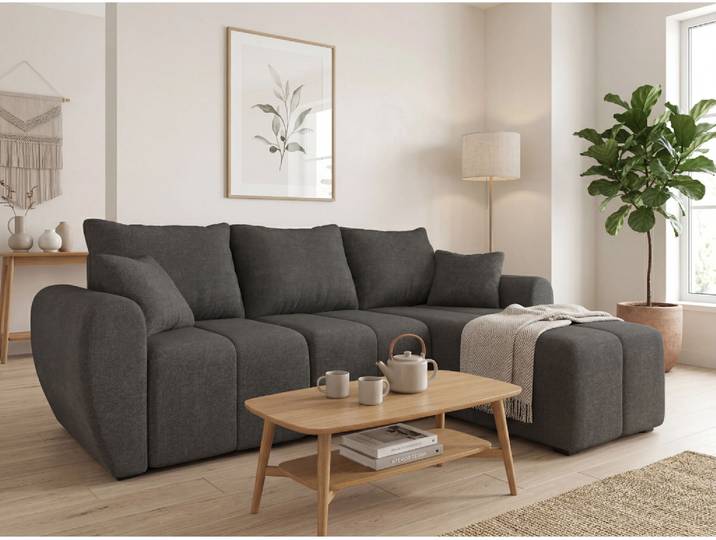 Ausziehbares Ecksofa SEVIO 246x145 cm, dunkelgrau, beidseitig montierbar + 2 Kissen GRATIS