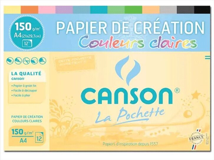 Pochette 12 feuilles Papier de création A4 150 g/m2 couleurs claires - Canson