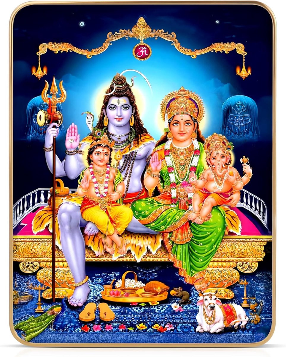 Shiva Parivar Fotolijst - Hindoe God Decoratie voor Mandir - Kristal Glanzend UV Gedrukt - 15 x 20 cm