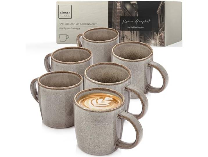 SÄNGER Kairo Graphit Kaffeebecher 6 teilig, Steingut Tassen Set