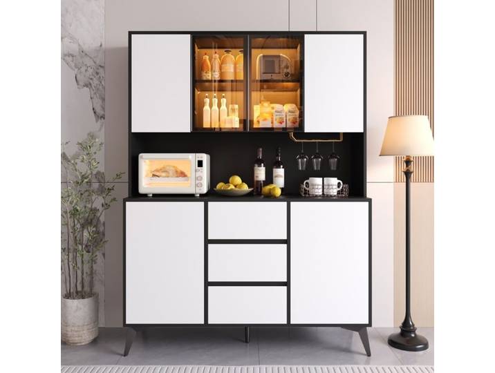 Buffet Haut 120x40x160 cm avec Vitrine LED App 6 Portes 3 Tiroirs Porte-Verres MDF Blanc