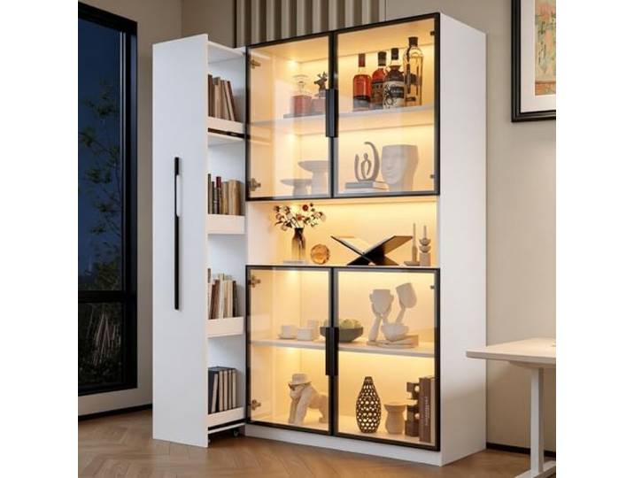 BTM Glasvitrine mit LED Beleuchtung und Ausziehbar Regal, Vitrinenschrank Stehend Küchen/Wohnzimmer Schrank, Weiß