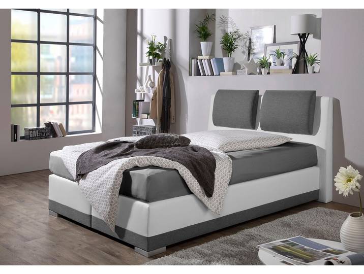 Boxspringbett, 152x212 cm, Strukturstoff & Kunstleder, Grau/Weiß, Verstellbare Kopfstütze, Maintal
