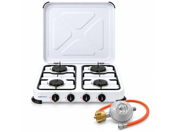 Bluecraft Gaskocher Camping 4 flammig mit Zündsicherung, Schlauch & Regler Campingkocher mit 5,8 kW Leistung, Druckminderer & Gasschlauch ideal für Outdoor, Notfall, Garten & Freizeit, Wohnmobil