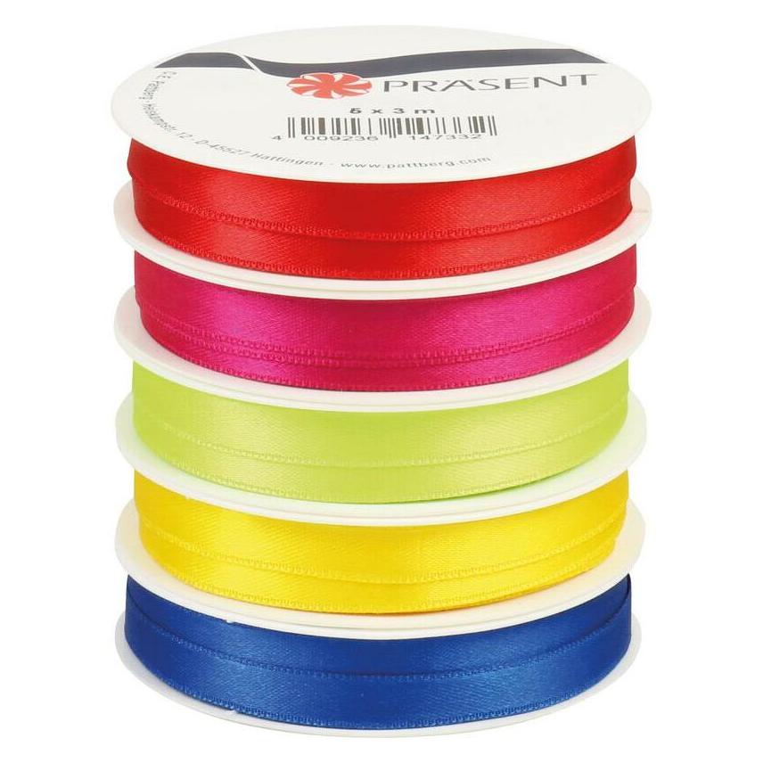 Präsent Geschenkband SATIN satiniert rot/pink/hellgrün/gelb/blau 10,0 mm x 5x 3,0 m (5x) (9510515-001)