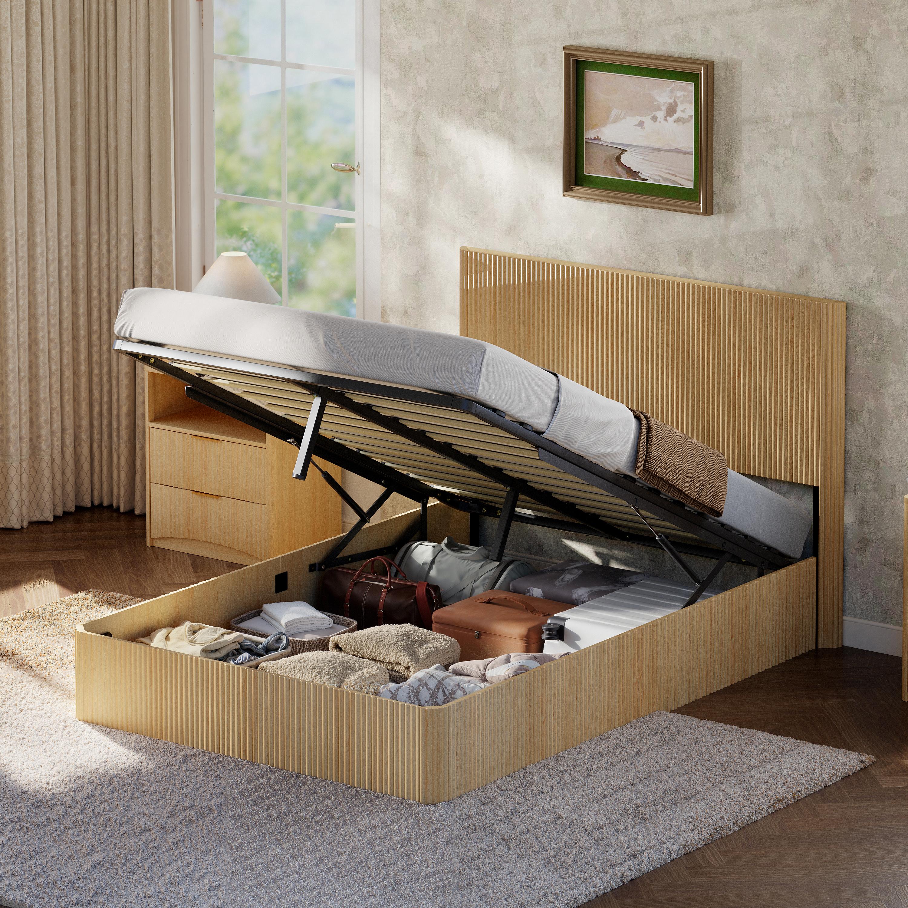 Bett mit Rillenoptik & hydraulischem Lift-System - Großer Stauraum, stabile Massivholz-Latten, pflegeleichte Oberfläche - 140 x 200 cm