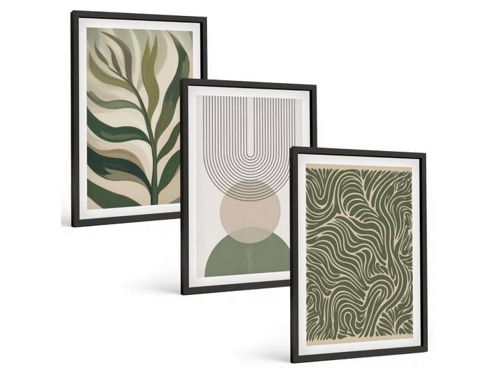 Tulup Bilder SET 3er Set - 40x60 cm Schwarzer Rahmen - Geometrische Blattformen, Kunststoff, Rechteckig, 40x60 cm, gerahmt, Bilder & Rahmen, Bilder