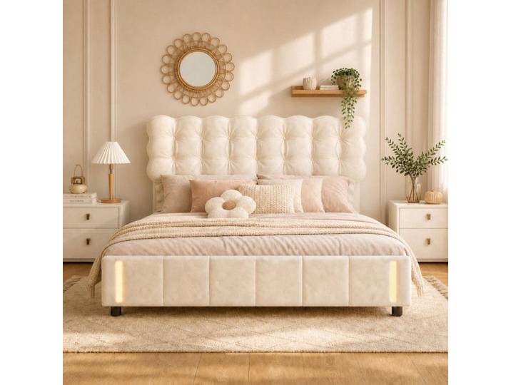 Lit Coffre 160x200 avec Sommier Lit Double en Velours Beige avec Tête de Lit Capitonnée Éclairage à Détection de Mouvement