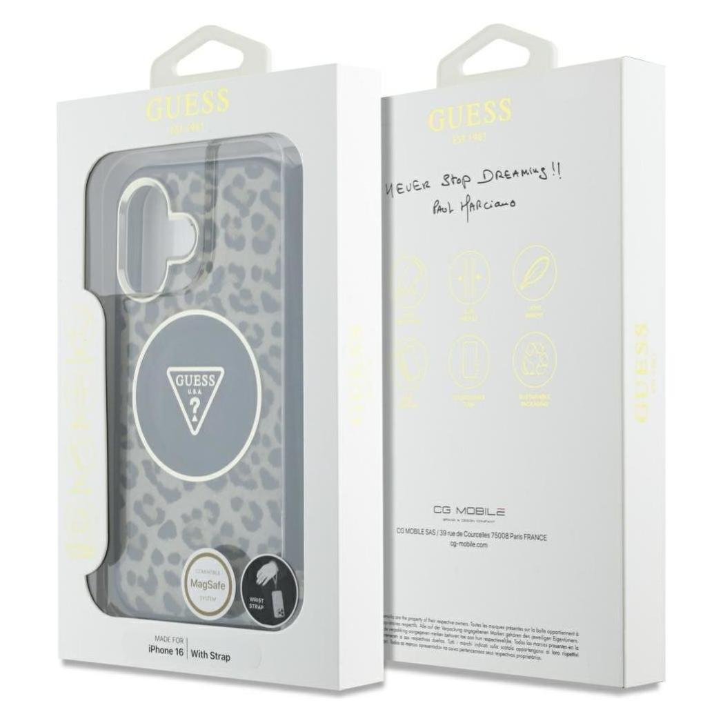 Guess HC IML Leopard Triangle Cord Strap MagSafe iPhone 16 Case - Brown (Apple iPhone 16) (GUE004391-0)