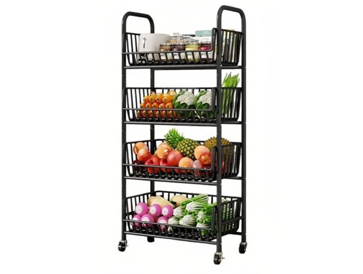 Essen 4-stufiger Rollwagen for Obst und Gemüse, beweglich for die Küche und Gemüsekorb-Aufbewahrungsregal(Schwarz,Groß)