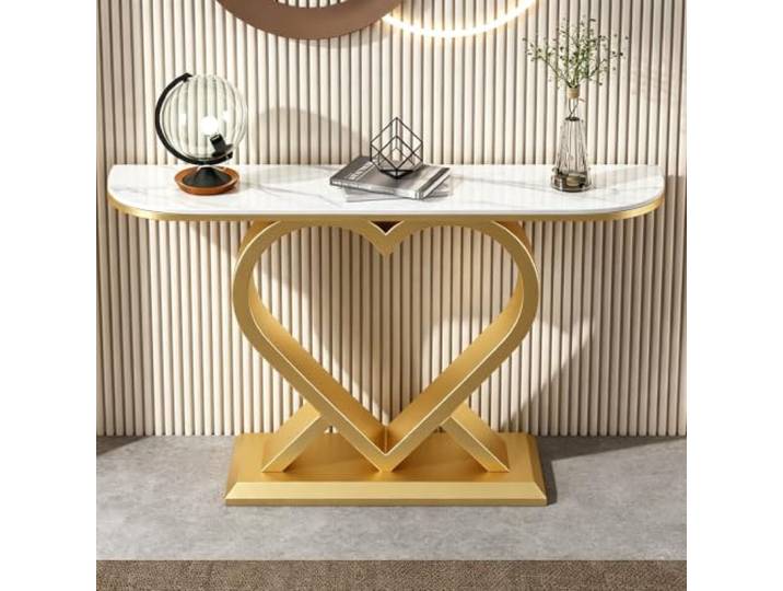 Moderner Konsolentisch, schmaler Flurtisch mit Metallgestell, Sofatisch Robuste Rock-Slab-Platte, stabiles Metallgestell, multifunktionaler Einsatz(Gold-white,47.2 (120cm))