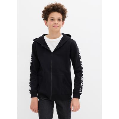 Kapuzensweatjacke BONPRIX, Jungen, Gr. 128/134, schwarz, Obermaterial: 100% Baumwolle, Sweatjacken, für Jungen, aus Baumwolle, lockere Passform, mit Stehkragen