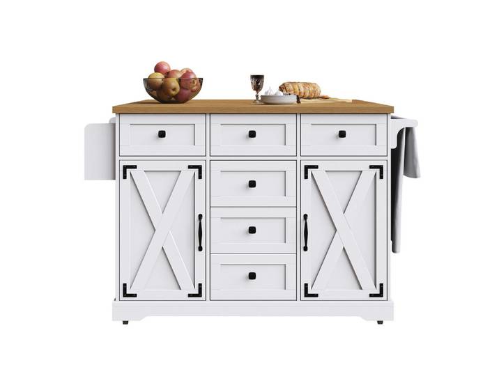 Flieks Kücheninsel Servierwagen Holzmaserung Stauraum Weiß, Metall, 147x93x44 cm, Küchen, Küchenmöbel, Kücheninseln