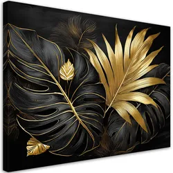 WANDBILD schwarze und goldene monstera blätter