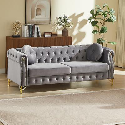 Loedds 82-Inch Velvet Chesterfield Sofa with Tufted Detail & Pillows & Nailhead Trim