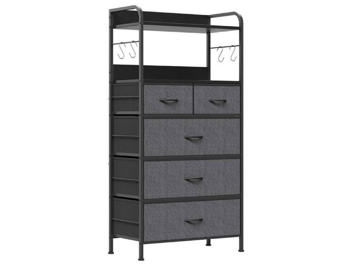 Commode haute 5 tiroirs tissu gris foncé plateau bois étagères crochets rangement chambre entrée salon