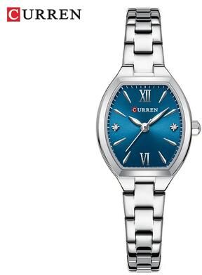 Uplift Essentials Elegant Barrel Shaped Retro Watch Fashionable Quartz Timepiece With Convenient Elastic Band For Women silver Blue