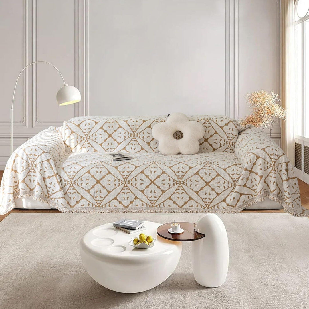 Ebern Designs Box Cushion Sofa Slipcover Beige 340cm H X 180cm W